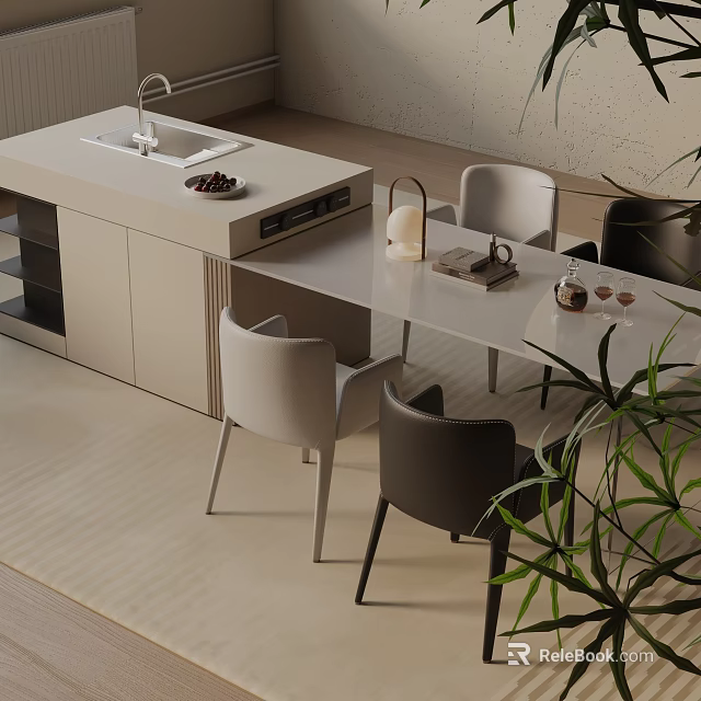 Modern Dining Table Set With Mixed Color Chairs And Potted Plants In Open Area 3d model 