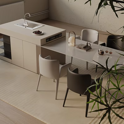 Modern Dining Table Set With Mixed Color Chairs And Potted Plants In Open Area 3d model