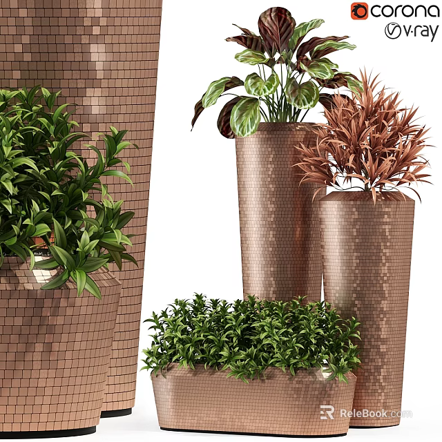 Stylish Decorative Ornament Set With Green Plants And Copper Textured Vases 3d model 