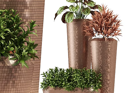 Stylish Decorative Ornament Set With Green Plants And Copper Textured Vases 3d model