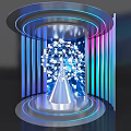 Interactive Light Installation With Dandelion Pattern Blue Purple Lighting And Woman Viewing