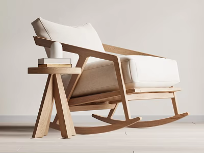 Modern Wooden Rocking Chair with White Cushion and Side Table Holding Stack of Books 3d model