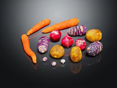 Colorful Fresh Vegetables With Carrots Potatoes Radishes And Onions On Black Surface 3d model