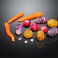 Colorful Fresh Vegetables With Carrots Potatoes Radishes And Onions On Black Surface