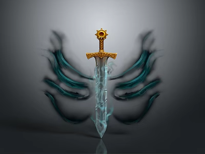 Crystal Sword With Golden Hilt Sunburst Decoration And Black Blue Ethereal Wings 3d model