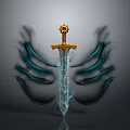 Crystal Sword With Golden Hilt Sunburst Decoration And Black Blue Ethereal Wings