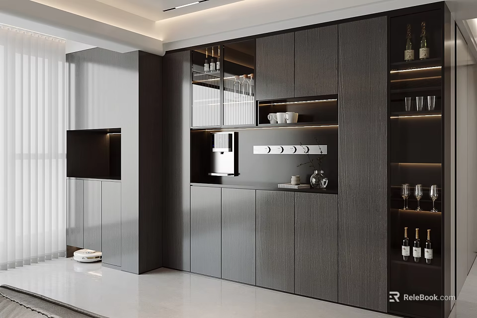 Modern Wine Cabinet Design With Glass Doors Wine Bottles And Wine Glasses 3d model 