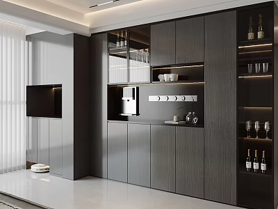 Modern Wine Cabinet Design With Glass Doors Wine Bottles And Wine Glasses 3d model