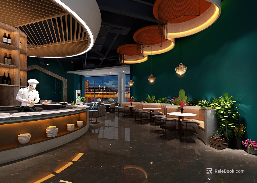 Modern Restaurant Interior With Chef At Bar Counter Green Walls Round Pendant Lights And Plants 3d model 