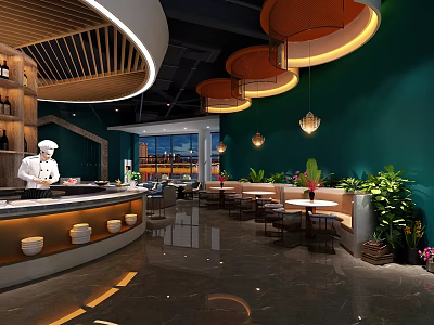 Modern Restaurant Interior With Chef At Bar Counter Green Walls Round Pendant Lights And Plants 3d model