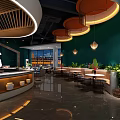 Modern Restaurant Interior With Chef At Bar Counter Green Walls Round Pendant Lights And Plants