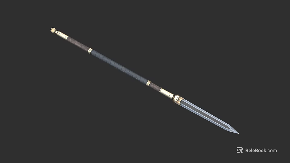 Traditional Metal Spear With Wooden Shaft Wrapped Grip And Ornate Brass Accents 3d model 
