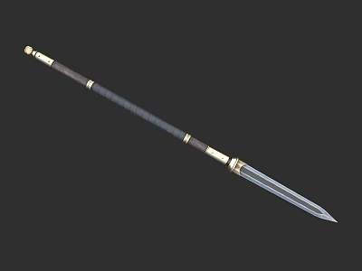 Traditional Metal Spear With Wooden Shaft Wrapped Grip And Ornate Brass Accents 3d model