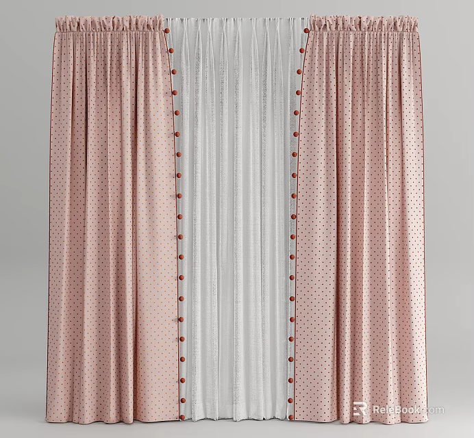 Elegant Pink Polka Dot Window Curtains With White Sheer And Red Pom Pom Trim Design 3d model 