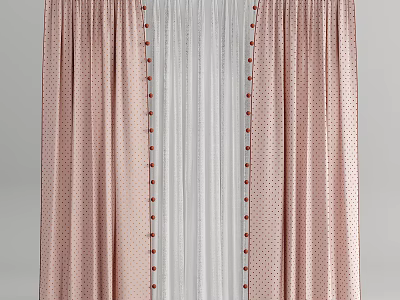 Elegant Pink Polka Dot Window Curtains With White Sheer And Red Pom Pom Trim Design 3d model