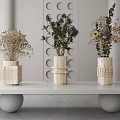 Wooden Vases With Dried Flowers On White Table Interior Decor Background Wall Circular Holes