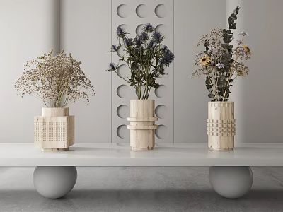 Wooden Vases With Dried Flowers On White Table Interior Decor Background Wall Circular Holes 3d model
