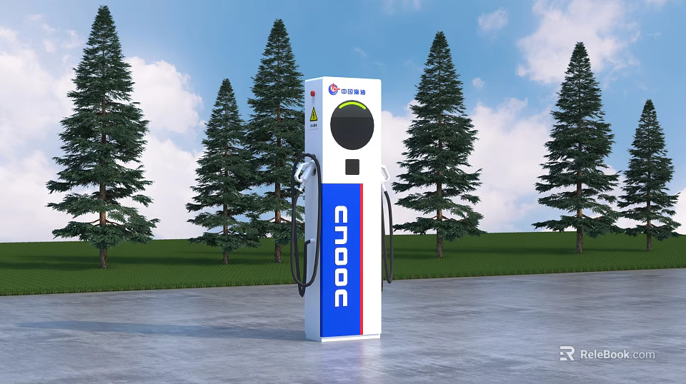 CNOOC Fuel Dispenser Standing On Concrete Ground With Green Trees And Blue Sky 3d model 