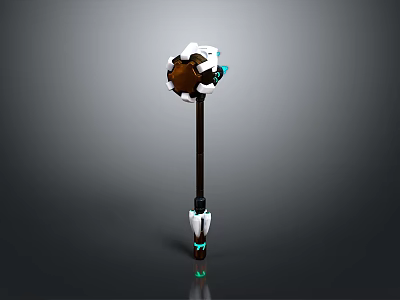 Futuristic Mechanical Hammer Weapon With Brown White Head Black Handle And Glowing Green Tip 3d model