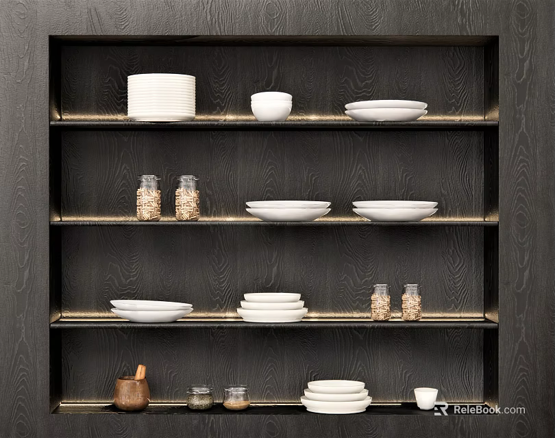 Stylish White Dinnerware Set Display On Dark Wooden Shelf With Glass Jars Bowls And Plates 3d model 