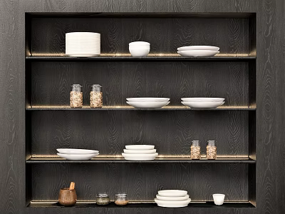 Stylish White Dinnerware Set Display On Dark Wooden Shelf With Glass Jars Bowls And Plates 3d model