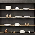 Stylish White Dinnerware Set Display On Dark Wooden Shelf With Glass Jars Bowls And Plates