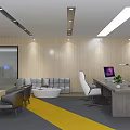 Public Office Space With Modern Desks Computer Monitors Bookshelves Globe And Yellow Floor Arrows