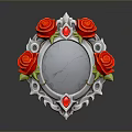 Ornate Decorative Mirror With Red Roses Silver Frame Red Gemstones And Cracked Glass