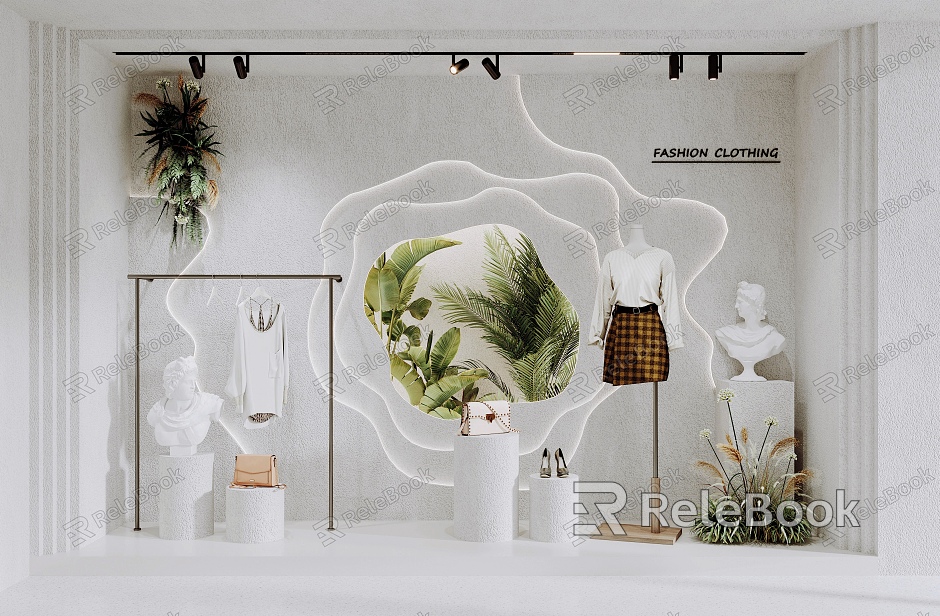 Modern clothing store window plant background wall clothing shelf model