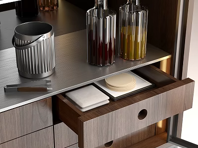 Modern Kitchen Countertop Decorative Ornament Set With Metallic Trash Bin Glass Bottles And Open Drawer 3d model
