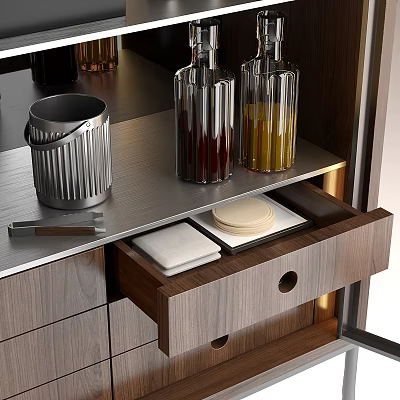Modern Kitchen Countertop Decorative Ornament Set With Metallic Trash Bin Glass Bottles And Open Drawer 3d model