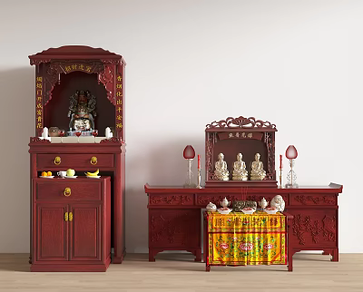 Traditional Red Wood Buddha Shrine Cabinets With Statues 3d model