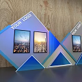 Diamond Shaped Display Shelves With LOGO And Cityscape Pictures On Wooden Background