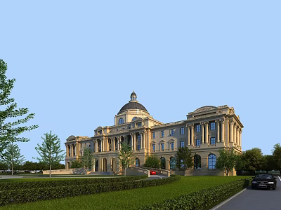 Classical Style Grand Building With Dome Columns Green Lawn Trees And Road 3d model