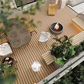 Rooftop Garden With Wooden Deck Fire Pit Outdoor Dining Table Chairs Green Plants And Trees
