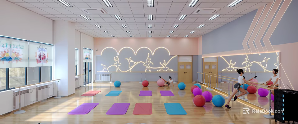 Fitness Studio With Colorful Yoga Mats And Exercise Balls 3d model 