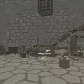 Cartoon Scene Interior With Wooden Structures Stone Walls Two Levels Stone Floor Furniture And Tools