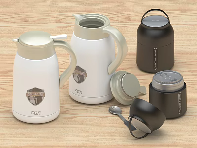 Stylish Insulated Cups Including Kettles Jars With White Grey Black Hues Logos Lids And Spoons 3d model