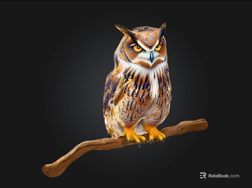 Detailed Realistic Owl Perched on Wooden Branch Against Dark Black Background 3d model 