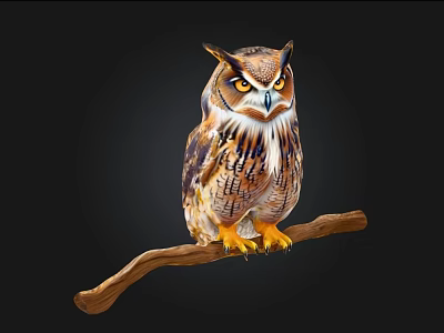 Detailed Realistic Owl Perched on Wooden Branch Against Dark Black Background 3d model
