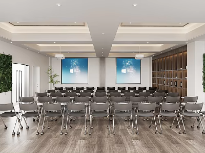 Modern Conference Room Interior With Large Screens Meeting Tables Chairs And Indoor Plants 3d model