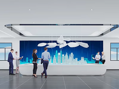 Modern Exhibition Hall Interior With White Curved Display Counter And Blue City Skyline 3d model