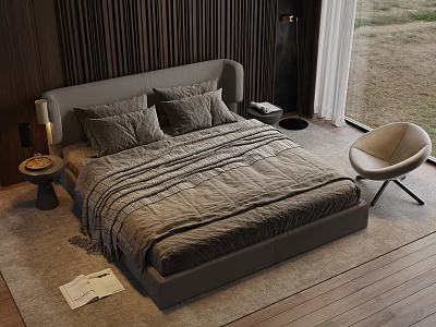 Modern Double Bed Interior Design With Upholstered Headboard Striped Bedding And Accent Chair 3d model