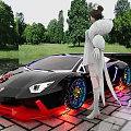 Black Sports Car With Colorful Wheels Red Decal Female With Wings And Green Trees Background