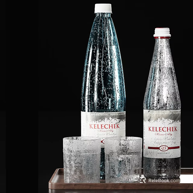 Kelechek Bottled Water With Ice Filled Glasses Cold Refreshing Drink 3d model 