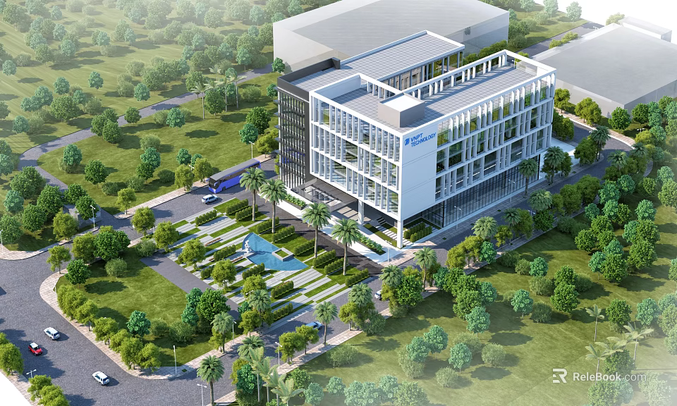 Modern Office Building Exterior With Glass Facade And Lush Green Landscaping 3d model 