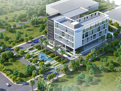Modern Office Building Exterior With Glass Facade And Lush Green Landscaping 3d model