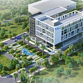 Modern Office Building Exterior With Glass Facade And Lush Green Landscaping