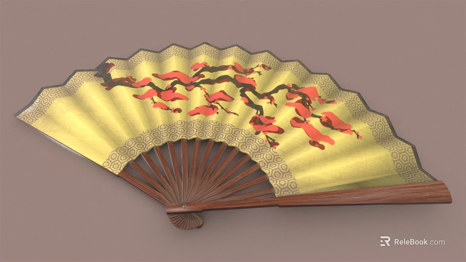 Furniture Decorative Fan With Yellow Surface Red Flowers Black Branches Brown Ribs And Edge Pattern 3d model 