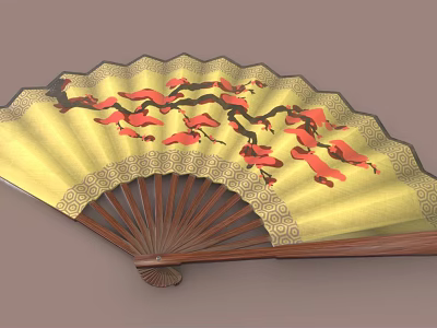Furniture Decorative Fan With Yellow Surface Red Flowers Black Branches Brown Ribs And Edge Pattern 3d model